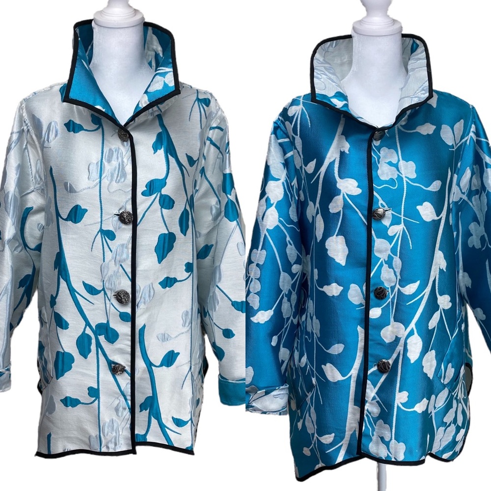 Reversible Asian Inspired Aqua & White Floral Cotton Blend Spring Jacket XL